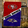 49ers vs Ravens House Divided Flag Meaning: One side proudly represents the San Francisco 49ers' bold red and gold, a symbol of their unwavering support; The other fiercely cheers for the Baltimore Ravens' iconic purple and black, a testament to their dedicated fandom.