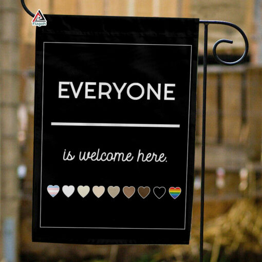Everyone Is Welcome Here Flag, Progress Pride Garden Decoration, LBGT Rainbow Ally Welcome Flag