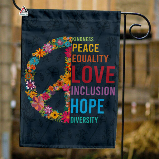 Kindness Peace Equality Love Inclusion Hope Diversity Flag, American Peace Flag, Floral Peace Sign Garden Flag, Spring Hippie Decor