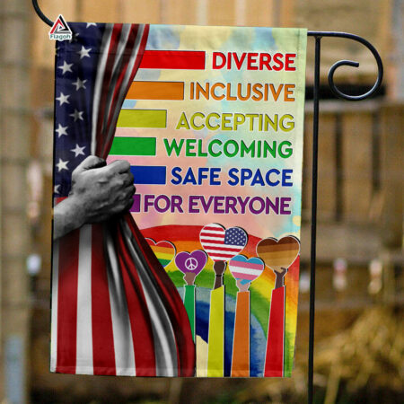 Diverse Inclusive Accepting Welcoming Safe Space For Everyone Flag, LGBT Home Decor, Rainbow Welcome Home Flag