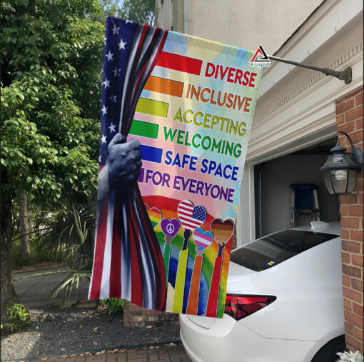 Diverse Inclusive Accepting Welcoming Safe Space For Everyone Flag, LGBT Home Decor, Rainbow Welcome Home Flag