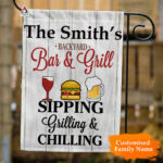 Personalized Bar and Grill Flag, Sipping, Grilling and Chilling Backyard Family Flag