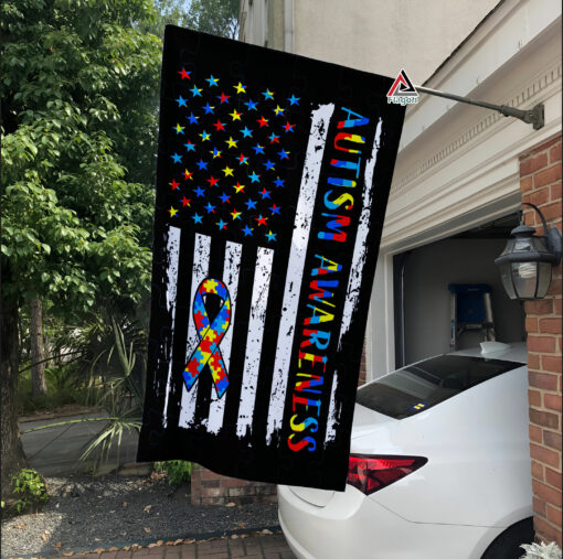 Autism Awareness American Flag, Ribbon Puzzle Garden Flag
