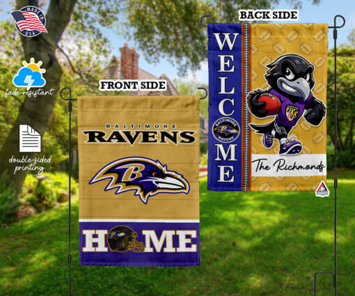 Baltimore Ravens Football Flag, Poe Mascot Personalized Football Fan Welcome Flags, Custom Family Name NFL Decor