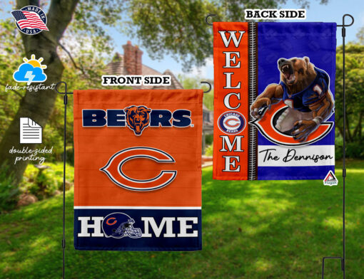 Chicago Bears Football Flag, Staley Da Bear Mascot Personalized Football Fan Welcome Flags, Custom Family Name NFL Decor