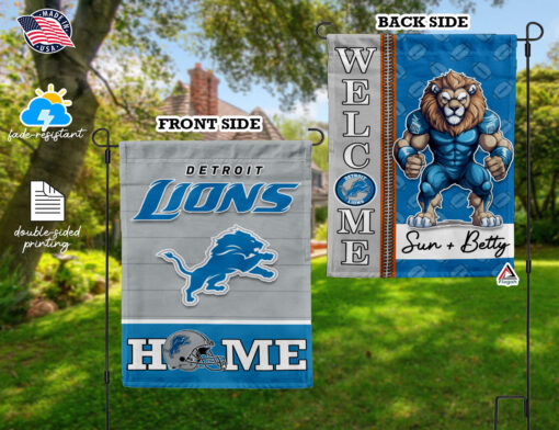 Detroit Lions Football Flag, Roary Mascot Personalized Football Fan Welcome Flags, Custom Family Name NFL Decor