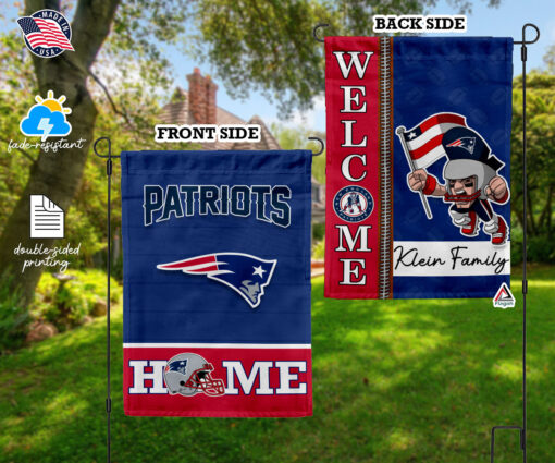 New England Patriots Football Flag, Pat Patriot Mascot Personalized Football Fan Welcome Flags, Custom Family Name NFL Decor