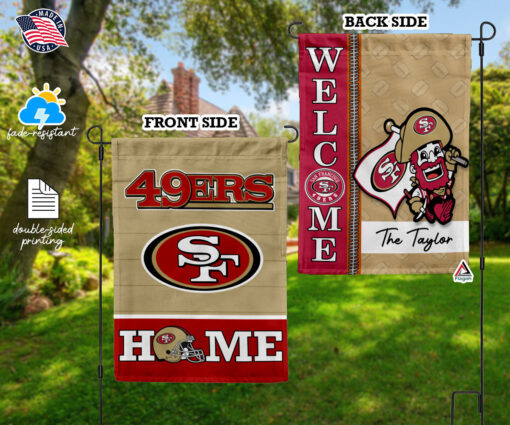 San Francisco 49ers Football Flag, Sourdough Sam Mascot Personalized Football Fan Welcome Flags, Custom Family Name NFL Decor