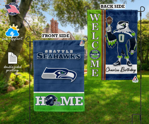 Seattle Seahawks Football Flag, Blitz Mascot Personalized Football Fan Welcome Flags, Custom Family Name NFL Decor