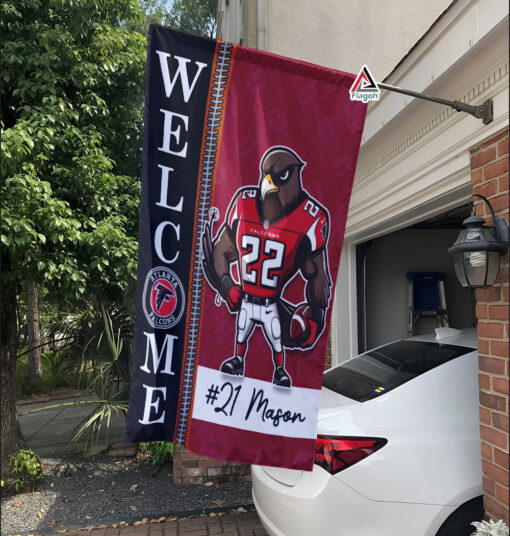 Atlanta Falcons Football Flag, Freddie Falcon Mascot Personalized Football Fan Welcome Flags, Custom Family Name NFL Decor