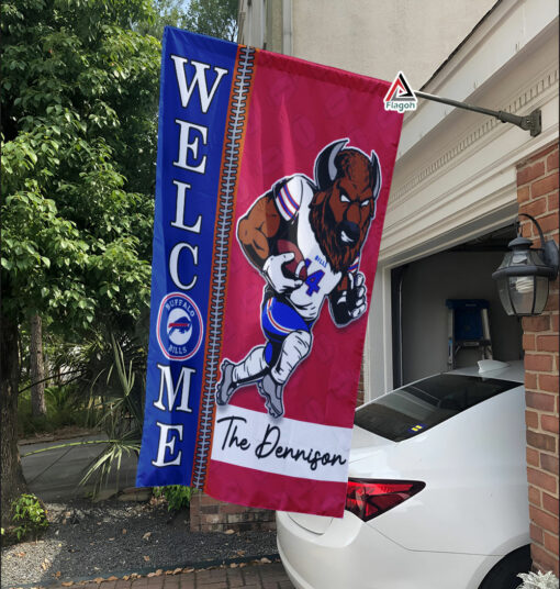 Buffalo Bills Football Flag, Billy Buffalo Mascot Personalized Football Fan Welcome Flags, Custom Family Name NFL Decor