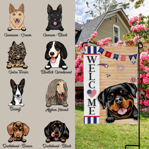 Patriotic Dog Breed House Flag, Personalised 4th of July Garden Flag, Custom Pet Welcome Flag