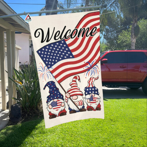 Happy 4th of July Gnome Garden Flag, Patriotic Gnomes Happy Independence Flag