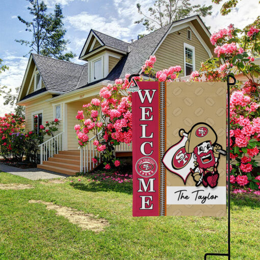 San Francisco 49ers Football Flag, Sourdough Sam Mascot Personalized Football Fan Welcome Flags, Custom Family Name NFL Decor