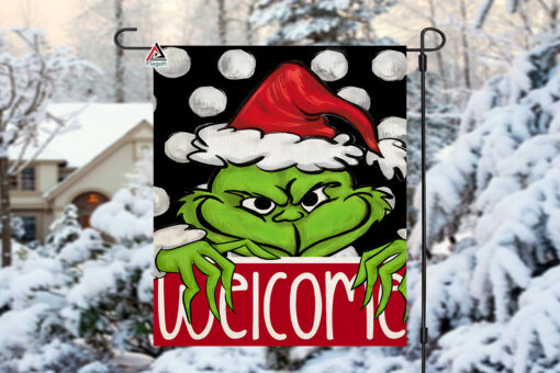 Welcome Christmas Grinch Garden Flag, Seasonal Holiday Farmhouse Burlap Flag