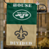 Show your pride for both the battling New York Jets and New Orleans Saints. Jets vs Saints House Divided Flag This flag proudly displays the Jets' iconic green and white representing Gang Green and the Big Apple as well as the Saints' beloved black and gold honoring the Big Easy. Whether cheering Zach Wilson or Jameis Winston, this balanced design honors communities through their shared NFL fandom. Display it proudly at MetLife Stadium or the Caesars Superdome!