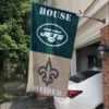 Show your pride for both the battling New York Jets and New Orleans Saints. Jets vs Saints House Divided Flag This flag proudly displays the Jets' iconic green and white representing Gang Green and the Big Apple as well as the Saints' beloved black and gold honoring the Big Easy. Whether cheering Zach Wilson or Jameis Winston, this balanced design honors communities through their shared NFL fandom. Display it proudly at MetLife Stadium or the Caesars Superdome!