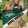 Show your pride for both the battling New York Jets and New Orleans Saints. Jets vs Saints House Divided Flag This flag proudly displays the Jets' iconic green and white representing Gang Green and the Big Apple as well as the Saints' beloved black and gold honoring the Big Easy. Whether cheering Zach Wilson or Jameis Winston, this balanced design honors communities through their shared NFL fandom. Display it proudly at MetLife Stadium or the Caesars Superdome!