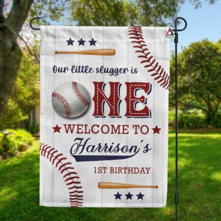 Our Little Slugger Is One Flag, Custom Name Baseball Baby Birthday Flag, Personalised Sport Themed First Birthday Wall Decor
