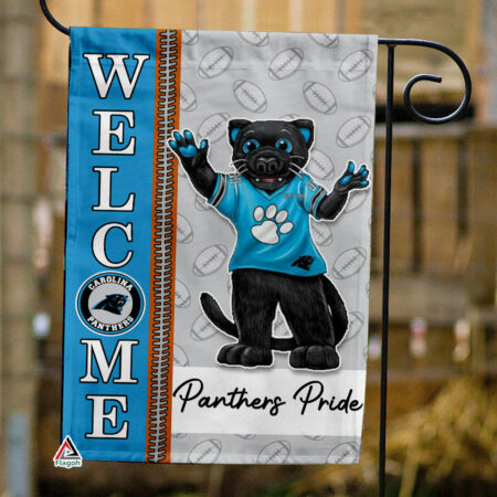 Carolina Panthers Football Flag, Sir Purr Mascot Personalized Football Fan Welcome Flags, Custom Family Name NFL Decor