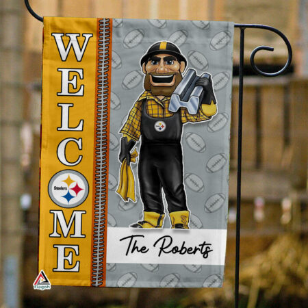 Pittsburgh Steelers Football Flag, Steely McBeam Mascot Personalized Football Fan Welcome Flags, Custom Family Name NFL Decor
