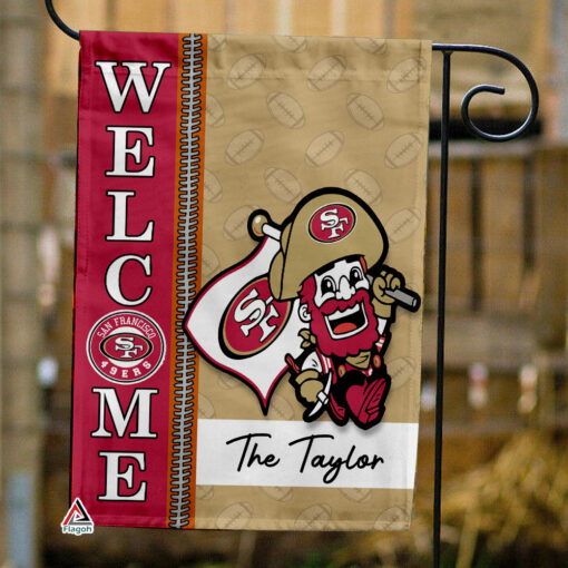 San Francisco 49ers Football Flag, Sourdough Sam Mascot Personalized Football Fan Welcome Flags, Custom Family Name NFL Decor