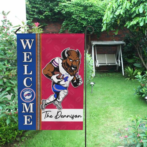 Buffalo Bills Football Flag, Billy Buffalo Mascot Personalized Football Fan Welcome Flags, Custom Family Name NFL Decor