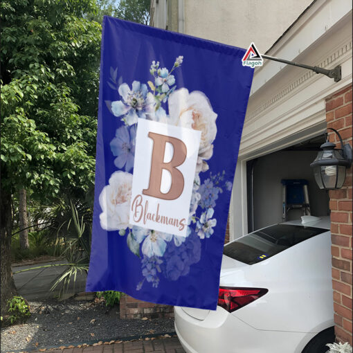 Blue Floral Bouquet Monogram Garden Flag, Custom Family Name Floral Initial Garden Flag