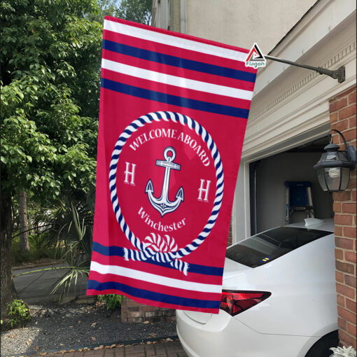 Welcome Nautical Flag, Custom Boat Name With Family Monogram Flag, Personalised Red Boat Flag