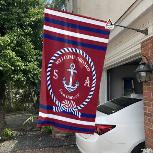 Welcome Nautical Flag, Custom Boat Name With Family Monogram Flag, Personalised Burgundy Boat Flag