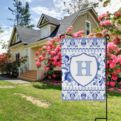 Monogrammed Welcome Garden & House Flag, Custom Blue Floral Chinoiserie Spring & Summer Garden Flag