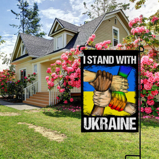I Stand With Ukraine Flag, Fist And USA Flag To Support Ukraine Garden Flag