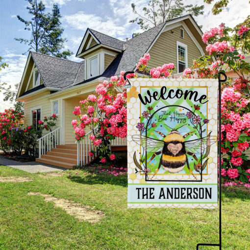 Sunflowers And Bumble Bee Flag, Custom Family Name Bee Happy Garden Flag