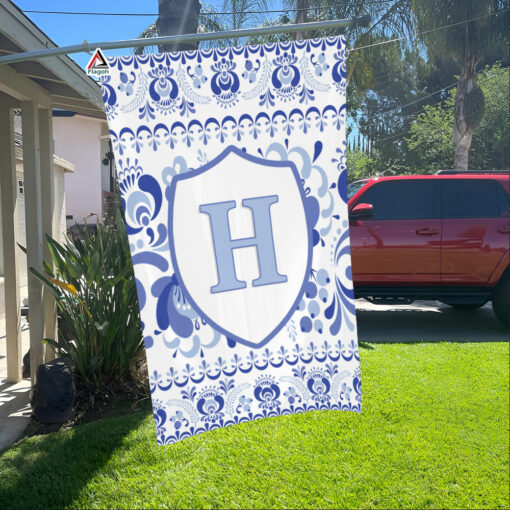 Monogrammed Welcome Garden & House Flag, Custom Blue Floral Chinoiserie Spring & Summer Garden Flag