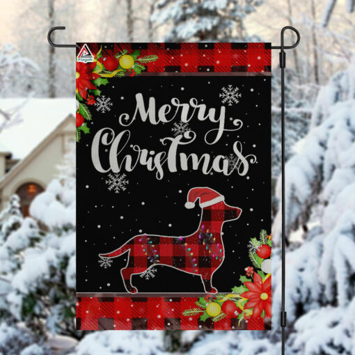 Merry Christmas Dachshund Dog Garden Flag, Welcome Xmas Check Plaid Buffalo Flag