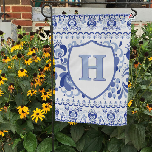 Monogrammed Welcome Garden & House Flag, Custom Blue Floral Chinoiserie Spring & Summer Garden Flag