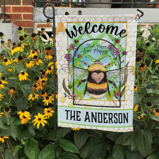 Sunflowers And Bumble Bee Flag, Custom Family Name Bee Happy Garden Flag