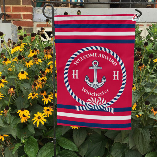 Welcome Nautical Flag, Custom Boat Name With Family Monogram Flag, Personalised Red Boat Flag
