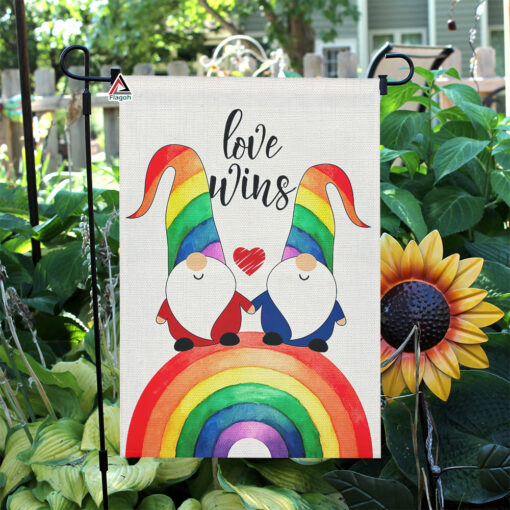 Love Wins Garden Flag, Rainbow Gnome LGBT Flag, Gay Pride Outdoor Decoration