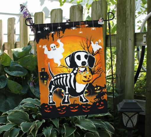 Happy Halloween Skeleton Dachshund Dog Garden Flag, Dachshund Welcome Flag For Halloween