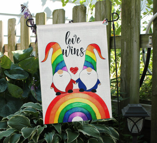 Love Wins Garden Flag, Rainbow Gnome LGBT Flag, Gay Pride Outdoor Decoration