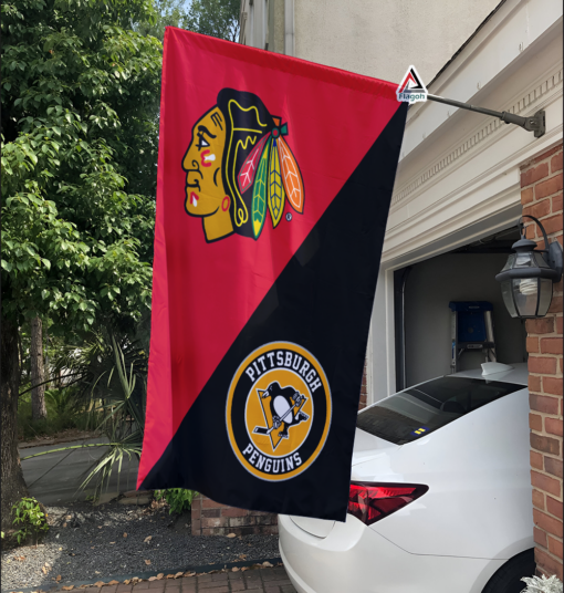 Blackhawks vs Penguins House Divided Flag, NHL House Divided Flag