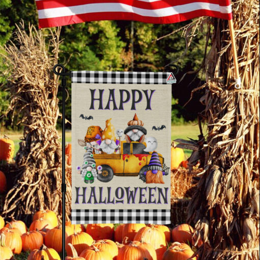 Happy Halloween Gnomes Flag, Halloween Pumpkin Gnome Truck Garden Flag