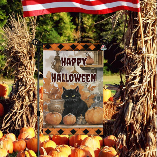 Black Cat Happy Halloween Flag, Black Cat Pumpkin Flag, Black Cat Witch Flag