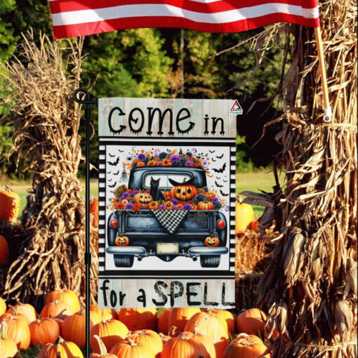 Come in For a Spell Flag, Halloween Witch Inn Flag, Black Cat Garden Flag