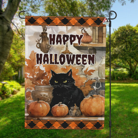 Black Cat Happy Halloween Flag, Black Cat Pumpkin Flag, Black Cat Witch Flag
