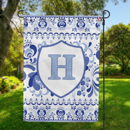 Monogrammed Welcome Garden & House Flag, Custom Blue Floral Chinoiserie Spring & Summer Garden Flag
