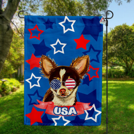 Chihuahua Dog with Sunglasses Flag, Chihuahua Longhair 4th of July Garden Flag, Dog Lovers Independence Day Flag