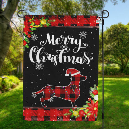 Merry Christmas Dachshund Dog Garden Flag, Welcome Xmas Check Plaid Buffalo Flag