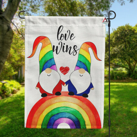 Love Wins Garden Flag, Rainbow Gnome LGBT Flag, Gay Pride Outdoor Decoration